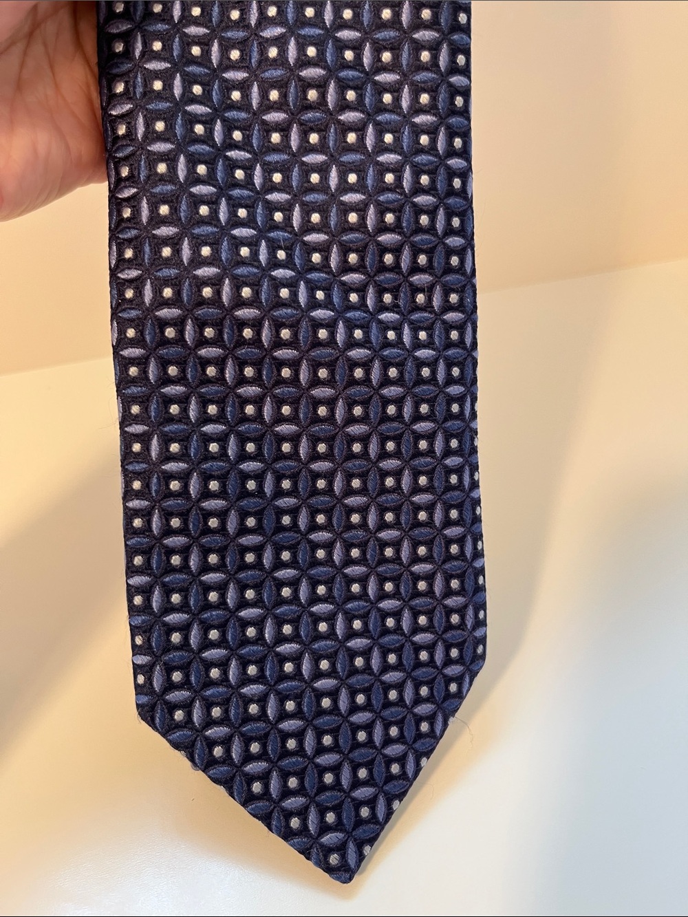 Faconnable Navy Geometric 100% Silk Tie with Light Dot Accents - Men’s